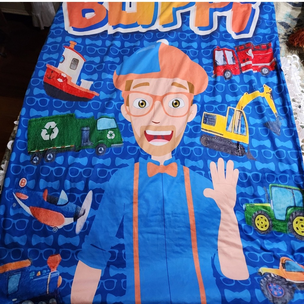 Blippi Kids Throw Blanket Blue Orange Minky Dot Excavator Fire Truck 30x35